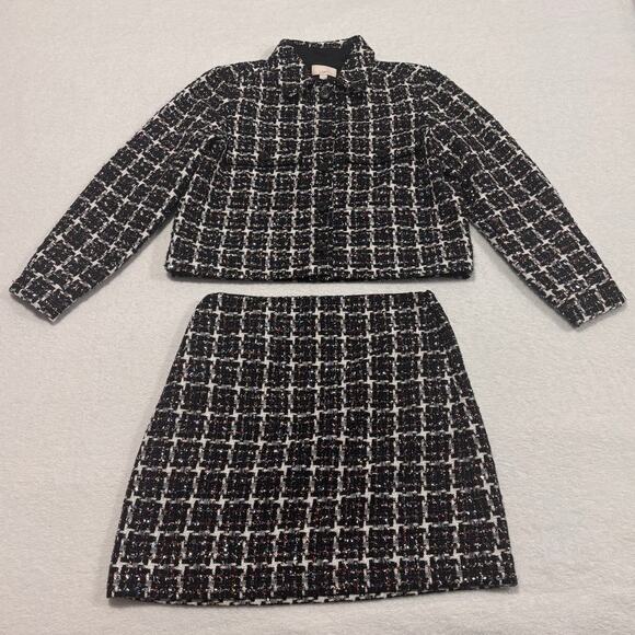 LOFT Shimmer Tweed Crop Jacket & Skirt Size 2 Small 2-Pc Set Black Metallic Suit - Picture 2 of 13